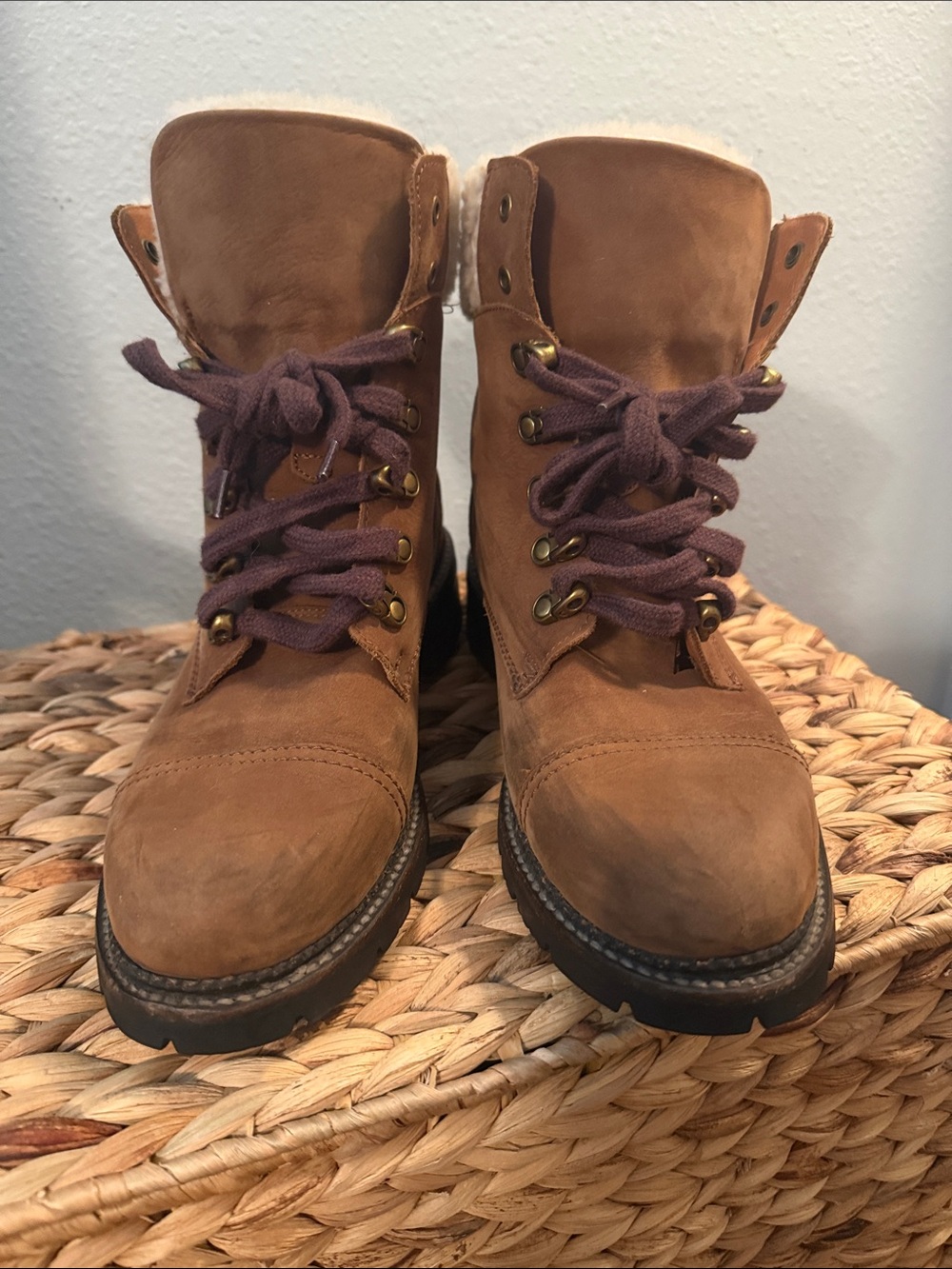 Frye Brown Leather Winter Boots with Purple Laces